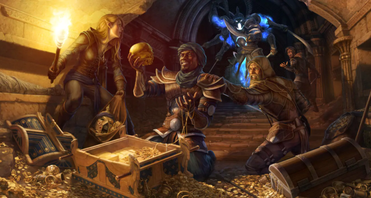 A party standing in front of loot in a cavern