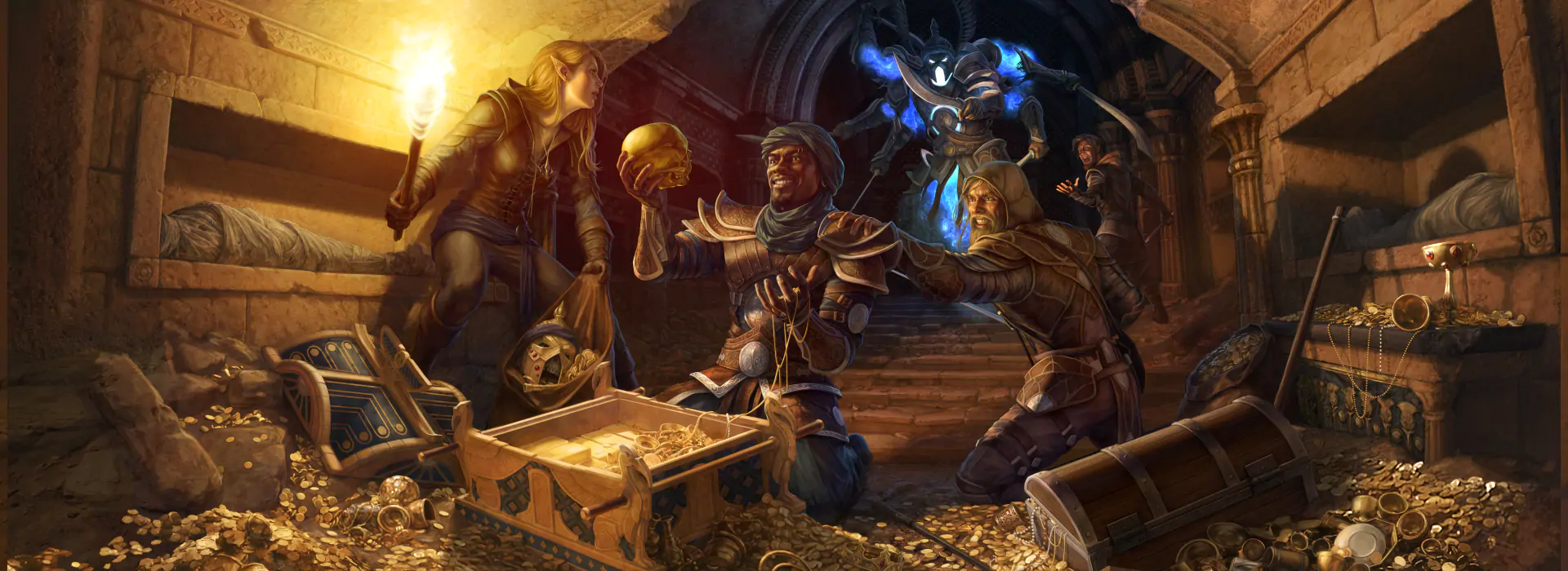 A party standing in front of loot in a cavern